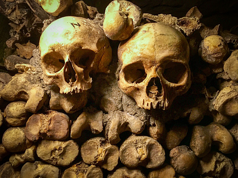 Two skulls in the Paris catacombs