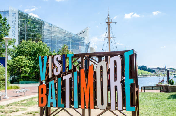 "Visit Baltimore" sign at the port of Baltimore stock photo