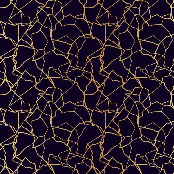 ilustrações de stock, clip art, desenhos animados e ícones de kintsugi art seamless pattern with gold thin lines and abstract shards on dark luxury background - pottery shard