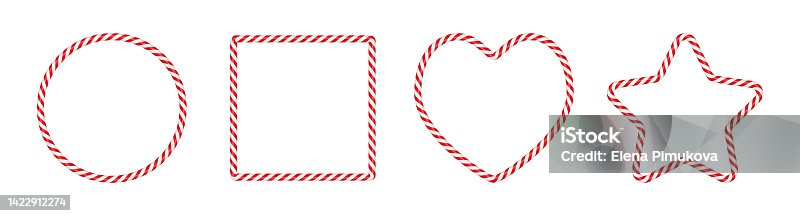 istock Christmas candy cane frames with red and white striped. Xmas circle, star, heart, square border with striped candy lollipop pattern. Christmas template. Vector illustration on white background 1422912274