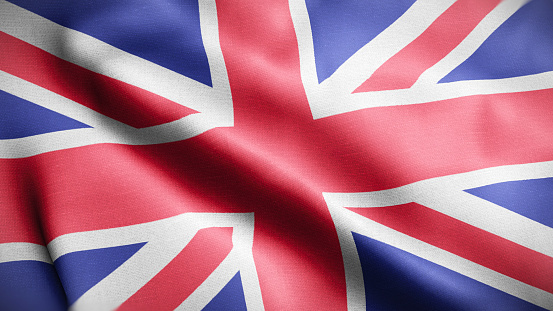 close up of britain silk flag waving background