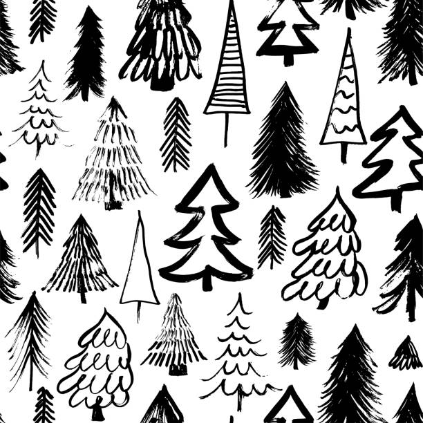 illustrations, cliparts, dessins animés et icônes de motif sans couture avec arbre de noël. - pine tree brush stroke winter snow