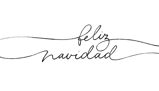 Merry Christmas in Spanish language. Feliz Navidad hand drawn line lettering isolated on white background. Continuous style vector calligraphy with swashes. Modern greeting card, banner, poster.