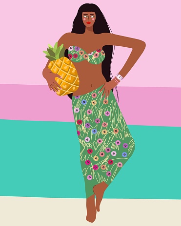 Summer vector illustration for summer background, girl in beach clothes, holding apricot, summer vibes, vacation mood, summer party, sexy girl.