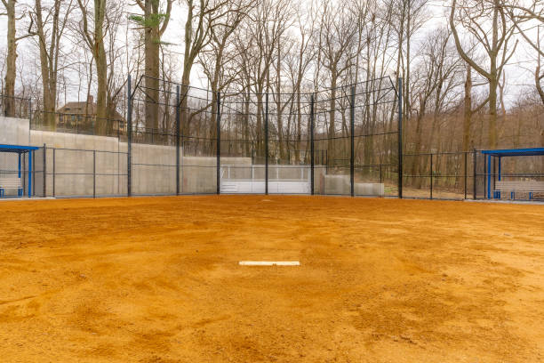 istock View of typical nondescript high school softball clay infield looking from pitching rubber toward home plate.  No people visible.  Not a ticketed event. 1422935467
