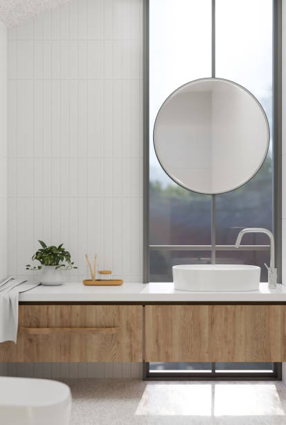容器シンク付きの木製のバスルームカウンターを備えたモダンでミニマルで現代的な現代的なバスルームインテリア - hotel clean home interior bathroom ストックフォトと画像