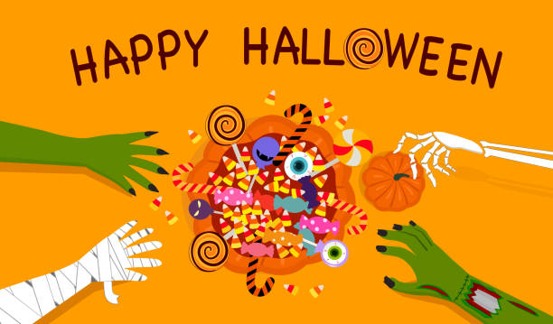 happy halloween banner vektor illustration, vier monsterhände; grüne hexe, mumie, skelettknochen, zombie, mit süßem süßigkeiten-lollipop-dessert im kürbiskorb auf orangefarbenem hintergrund, herbstferien-dekorationsfeier. - tella stock-grafiken, -clipart, -cartoons und -symbole