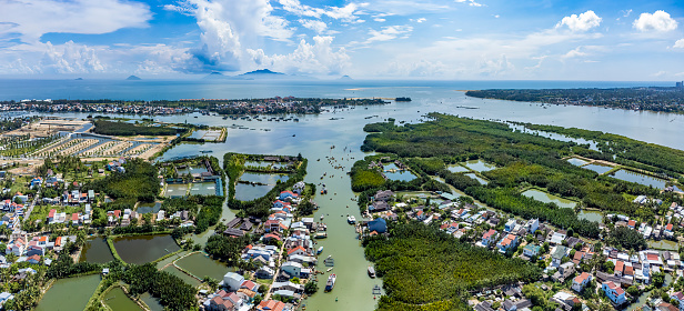 Aerial View of Bay Mau Coconut forest which is a very famous destination of Hoi An ancient town.