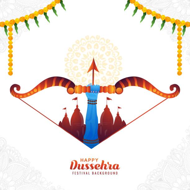 happy dussehra festival von indien in pfeil und bogen kartendesign - dashahara stock-grafiken, -clipart, -cartoons und -symbole