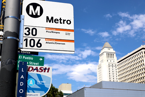 Los Angeles, California, USA - September 11, 2022: Los Angeles Metro Bus Stop and Los Angeles Civic Center.