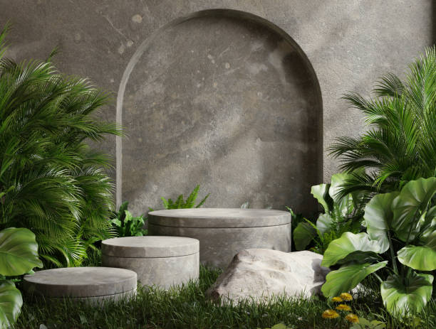istock Concrete platform in tropical forest for product presentation and cement wall. 1422947880