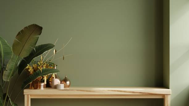 istock Mockup green wall with wooden shelf in kitchen room. 1422948034