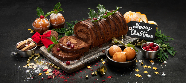 Chocolate yule log on dark background. Traditional dessert of Christmas time. panoramma