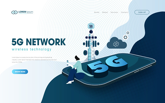 5G network wireless technology illustration. Mobile internet of next generation. Isometric futuristic hi-tech smartphone with big letters. Web page design template