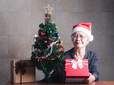 Portrait of an elderly Asian woman smiling and looking at the camera while sitting beside the Christmas tree in a living room at home. Concept of aged people and Christmas and happy new year festival.