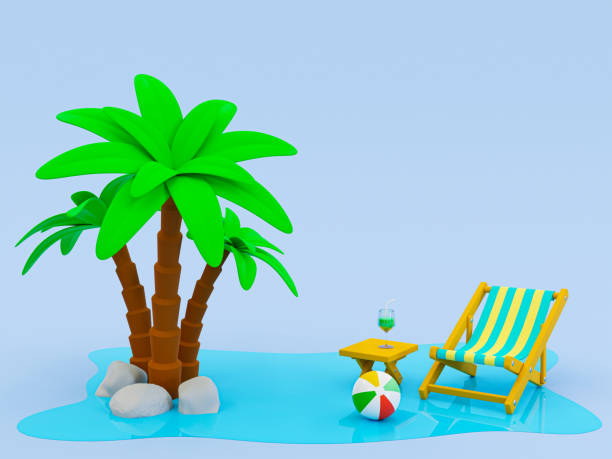 istock 3d minimal summer theme background. Recreational time. summer vacation time. Beach theme with copy space. Palm tree, beach chair, beach table, beach ball isolated on blue background. 3d rendering. 1422953758