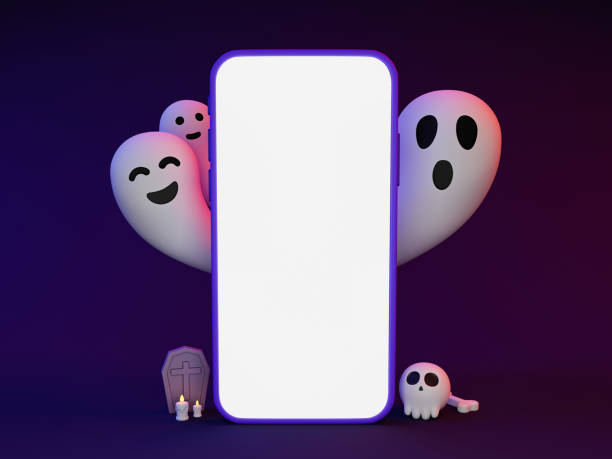3d minimal horror Halloween theme. Halloween template. blank smartphone screen template. smartphone screen glowing with copy space and ghosts beside the tv. 3d rendering.