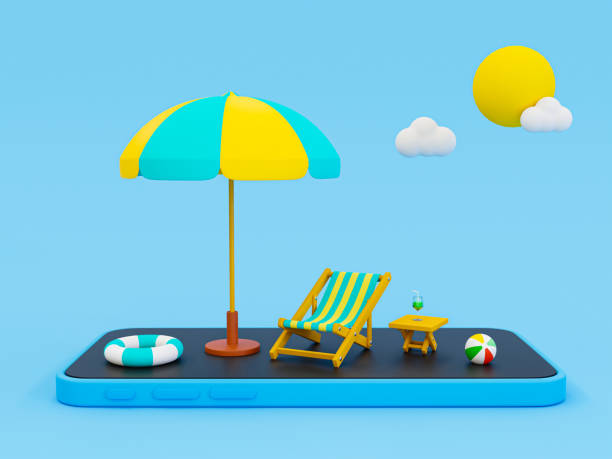 istock 3d minimal summer theme. Beach theme. vacation time. recreational time. Palm tree, beach chair, beach table, beach ball isolated on blue background. 3d rendering. 1422953785