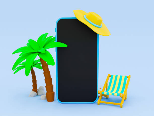 istock 3d minimal summer theme. blank smartphone screen with a vacation summer theme. smartphone with copy space and beach compositions. palm trees, beach chair, beach table, and straw hat. 3d illustration. 1422953791