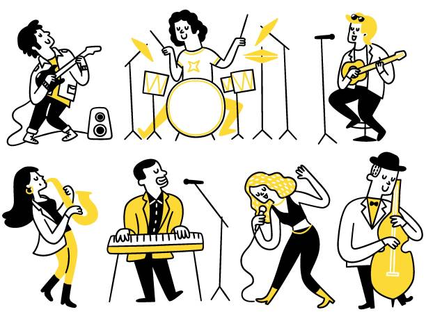 illustrazioni stock, clip art, cartoni animati e icone di tendenza di set di caratteri simpatici per musicisti di personaggi - musical band