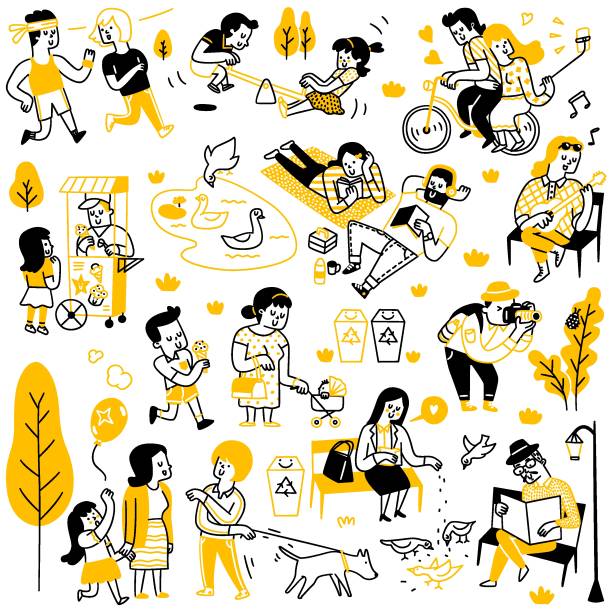 Doodle character vector illustration. Various people doing acitivities in public park, recreation, relax, spend leisure time outdoor. Outline, thin line art, linear, hand drawn sketch design, simple style.