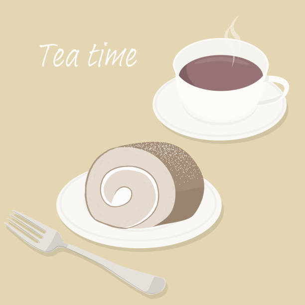 스위스 롤 케이크와 차 한잔 - black tea dishware plate cup stock illustrations