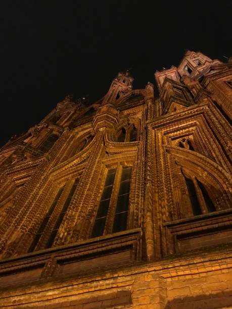 Looking up at beautiful brick facade of St. Anne's Church, built in 1495–1500 in Vilnius, Lithuania