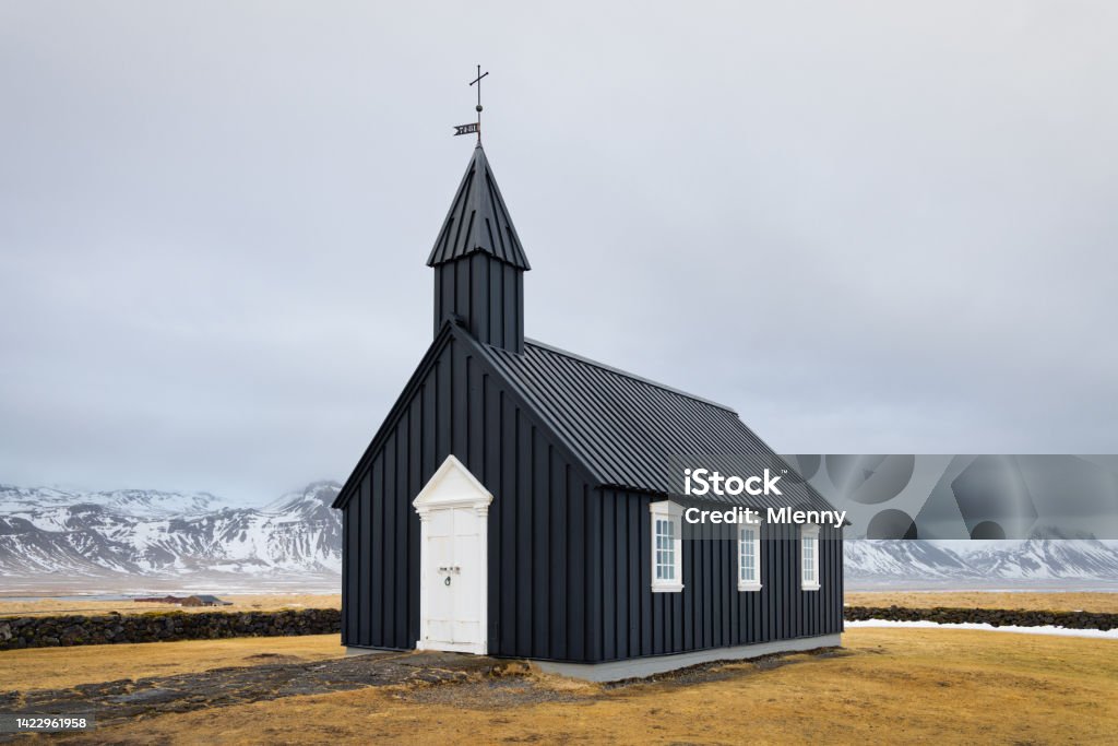 Búðakirkja in Winter Iceland Black Church Budhir at Budir Snaefellsness Iconic tiny Black Wooden Church at Budir - Búðakirkja (built in the year 1701) - Budhir Chapel close to the North Atlantic Coast of Snaefellsness in Winter. Black Church, Budir, Snaefellsnes Peninsula, Vesturland, Iceland Iceland Stock Photo