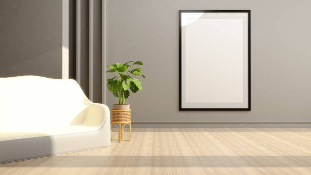 istock 3D Render Interior Of Living Room Modern Style With White Sofa On Sunlight Reflection, Side Plant And Portrait Wall Frame, Wooden Floor. 1422962096