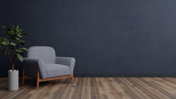 istock 3D Modern Minimalist Concept Interior Design Of Living Room, Dark Background, Grey Single Sofa With Green Plant On The Side, Wooden Floor Texture 1422962184