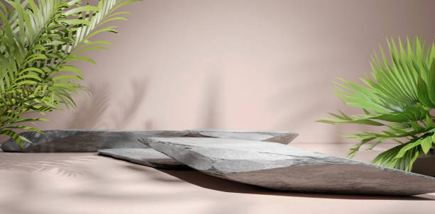 istock Tropical View Design With Smooth Stone Podium And Light Background. 3D Illustration. For Cosmetics Products Display Concept 1422962375
