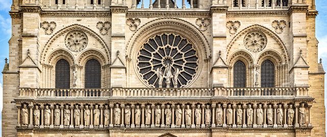 Paris, France - April 17th, 2015: Architecture details of cathedral Notre Dame de Paris. Western facade central part.