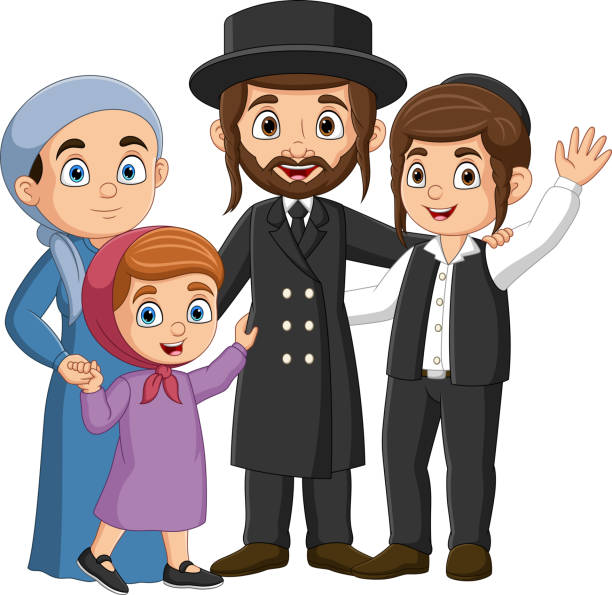 ilustrações, clipart, desenhos animados e ícones de família judia de desenho animado em pé juntos celebrando hanukkah - yarmulke