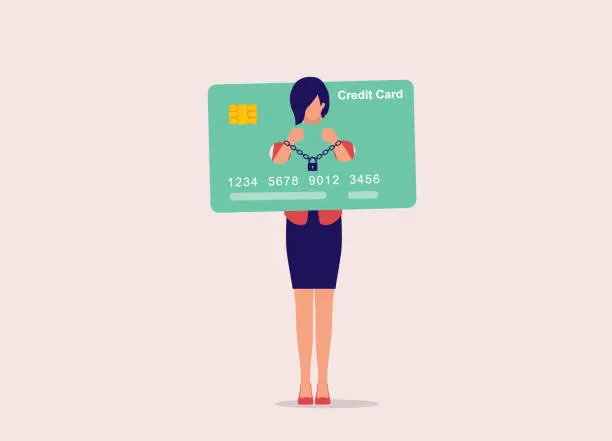 Vector illustration of Credit Card Debt Slavery Concept. Woman With Handcuffs Trapped In A Pillory Credit Card Shaped Design.