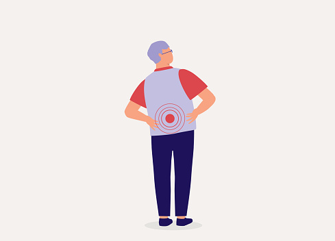 One Senior Man Holding His Back In Pain. Full Length, Isolated On Solid Color Background. Vector, Illustration, Flat Design, Character.