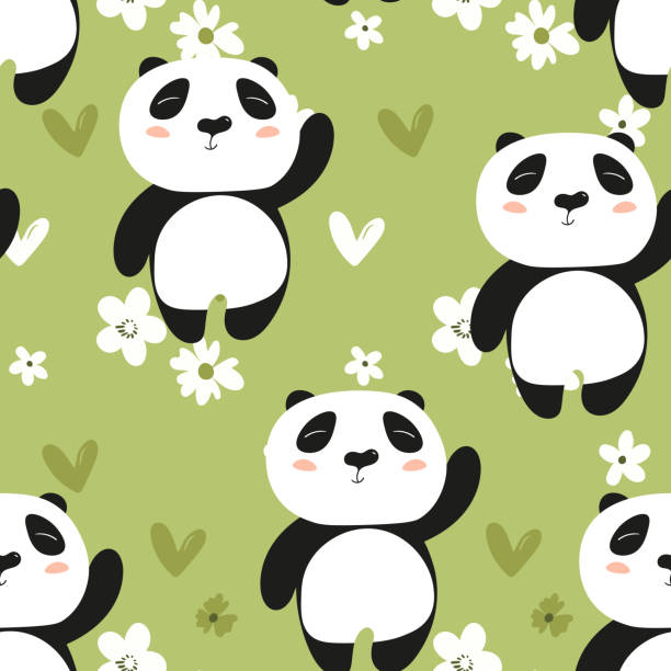 Seamless Pattern With Cute Panda Baby On Color Floral Background Funny  Asian Animals Card Postcards For Kids Flat Vector Illustration For Fabric  Textile Wallpaper Poster Gift Wrapping Paper Stock Illustration - Download