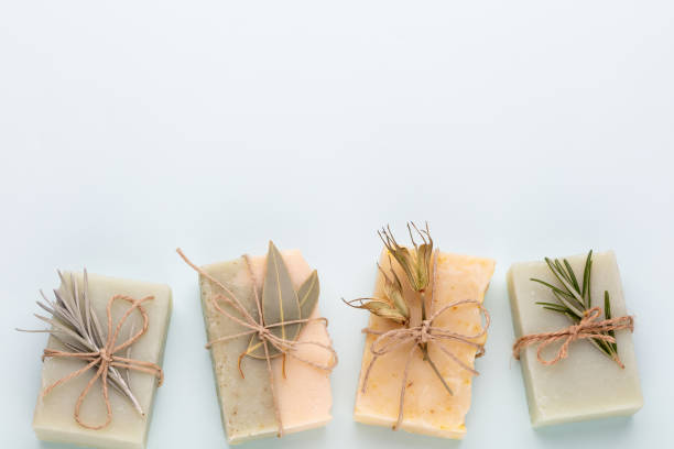 istock Handmade natural soap on pastel background. 1422971414