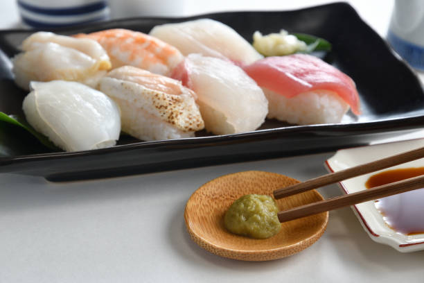 istock Wasabi with Sushi Nigiri Set with Japanese Sake 1422971719