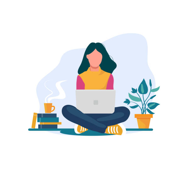 young girl sitting on the floor young girl sitting on the floor on the carpet with a laptop. A happy female freelancer working remotely in isolation. Cheerful girl hot tea, coffee. girls coding stock illustrations