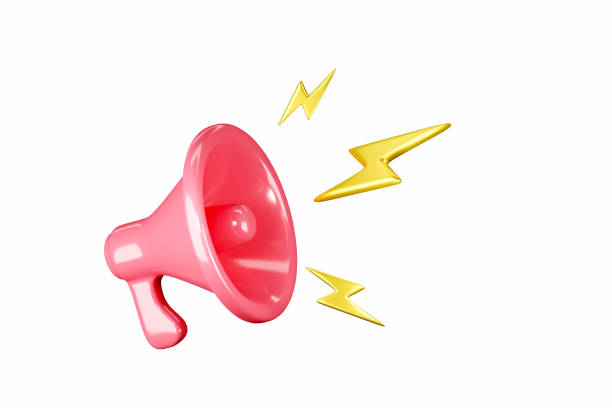 Red megaphone with yellow lightnings isolated on white background. Retro design, business concept, icon, 3d render