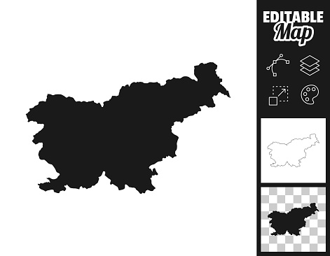 Map of Slovenia for your own design. Three maps with editable stroke included in the bundle: - One black map on a white background. - One line map with only a thin black outline in a line art style (you can adjust the stroke weight as you want). - One map on a blank transparent background (for change background or texture). The layers are named to facilitate your customization. Vector Illustration (EPS file, well layered and grouped). Easy to edit, manipulate, resize or colorize. Vector and Jpeg file of different sizes.