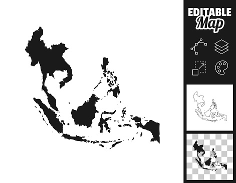 Map of Southeast Asia for your own design. Three maps with editable stroke included in the bundle: - One black map on a white background. - One line map with only a thin black outline in a line art style (you can adjust the stroke weight as you want). - One map on a blank transparent background (for change background or texture). The layers are named to facilitate your customization. Vector Illustration (EPS file, well layered and grouped). Easy to edit, manipulate, resize or colorize. Vector and Jpeg file of different sizes.