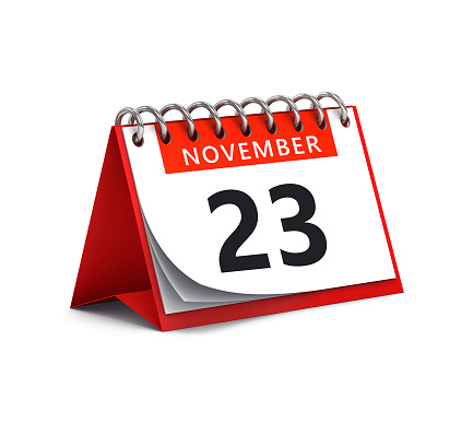 3D rendering of red desk paper november 23 date - calendar page