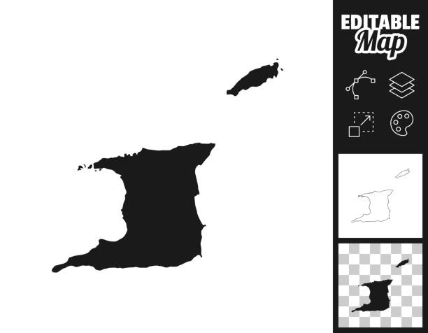 Trinidad and Tobago maps for design. Easily editable Map of Trinidad and Tobago for your own design. Three maps with editable stroke included in the bundle: - One black map on a white background. - One line map with only a thin black outline in a line art style (you can adjust the stroke weight as you want). - One map on a blank transparent background (for change background or texture). The layers are named to facilitate your customization. Vector Illustration (EPS file, well layered and grouped). Easy to edit, manipulate, resize or colorize. Vector and Jpeg file of different sizes. trinidad tobago map stock illustrations