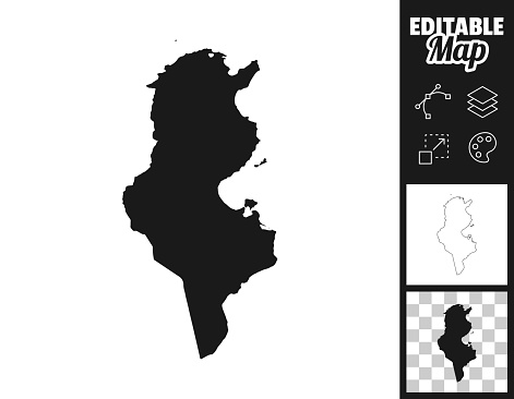 Map of Tunisia for your own design. Three maps with editable stroke included in the bundle: - One black map on a white background. - One line map with only a thin black outline in a line art style (you can adjust the stroke weight as you want). - One map on a blank transparent background (for change background or texture). The layers are named to facilitate your customization. Vector Illustration (EPS file, well layered and grouped). Easy to edit, manipulate, resize or colorize. Vector and Jpeg file of different sizes.