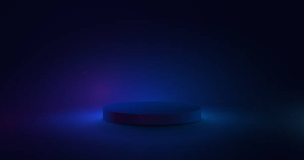 istock Blue product cylinder display mockup on dark blue scene background. Vector illustration 1422979481
