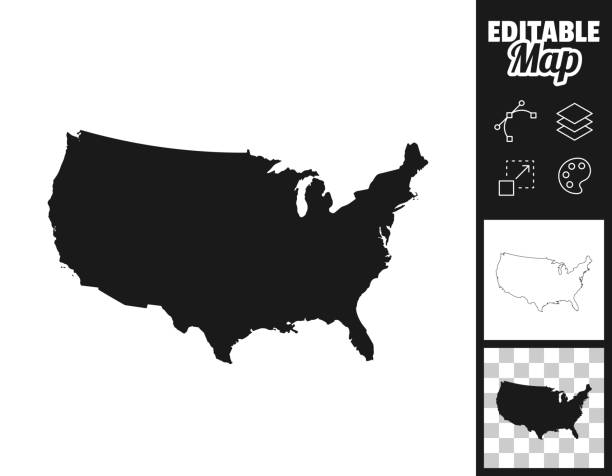 USA maps for design. Easily editable Map of USA for your own design. Three maps with editable stroke included in the bundle: - One black map on a white background. - One line map with only a thin black outline in a line art style (you can adjust the stroke weight as you want). - One map on a blank transparent background (for change background or texture). The layers are named to facilitate your customization. Vector Illustration (EPS file, well layered and grouped). Easy to edit, manipulate, resize or colorize. Vector and Jpeg file of different sizes. mid atlantic usa stock illustrations