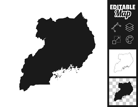 Map of Uganda for your own design. Three maps with editable stroke included in the bundle: - One black map on a white background. - One line map with only a thin black outline in a line art style (you can adjust the stroke weight as you want). - One map on a blank transparent background (for change background or texture). The layers are named to facilitate your customization. Vector Illustration (EPS file, well layered and grouped). Easy to edit, manipulate, resize or colorize. Vector and Jpeg file of different sizes.
