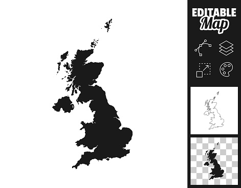 Map of United Kingdom for your own design. Three maps with editable stroke included in the bundle: - One black map on a white background. - One line map with only a thin black outline in a line art style (you can adjust the stroke weight as you want). - One map on a blank transparent background (for change background or texture). The layers are named to facilitate your customization. Vector Illustration (EPS file, well layered and grouped). Easy to edit, manipulate, resize or colorize. Vector and Jpeg file of different sizes.