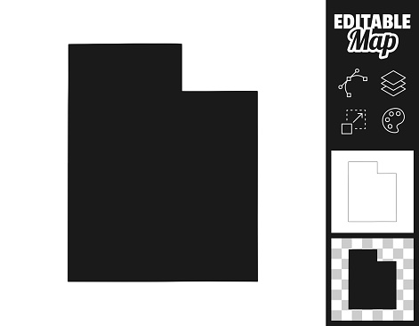 Map of Utah for your own design. Three maps with editable stroke included in the bundle: - One black map on a white background. - One line map with only a thin black outline in a line art style (you can adjust the stroke weight as you want). - One map on a blank transparent background (for change background or texture). The layers are named to facilitate your customization. Vector Illustration (EPS file, well layered and grouped). Easy to edit, manipulate, resize or colorize. Vector and Jpeg file of different sizes.